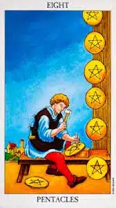 8-pentacles waite - 8 deniers